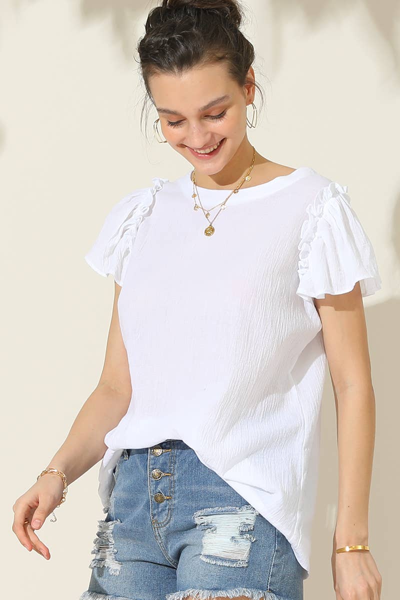 CWTBLS203_R NECK FRILL SHORT SLEEVE BLOUSE TOP