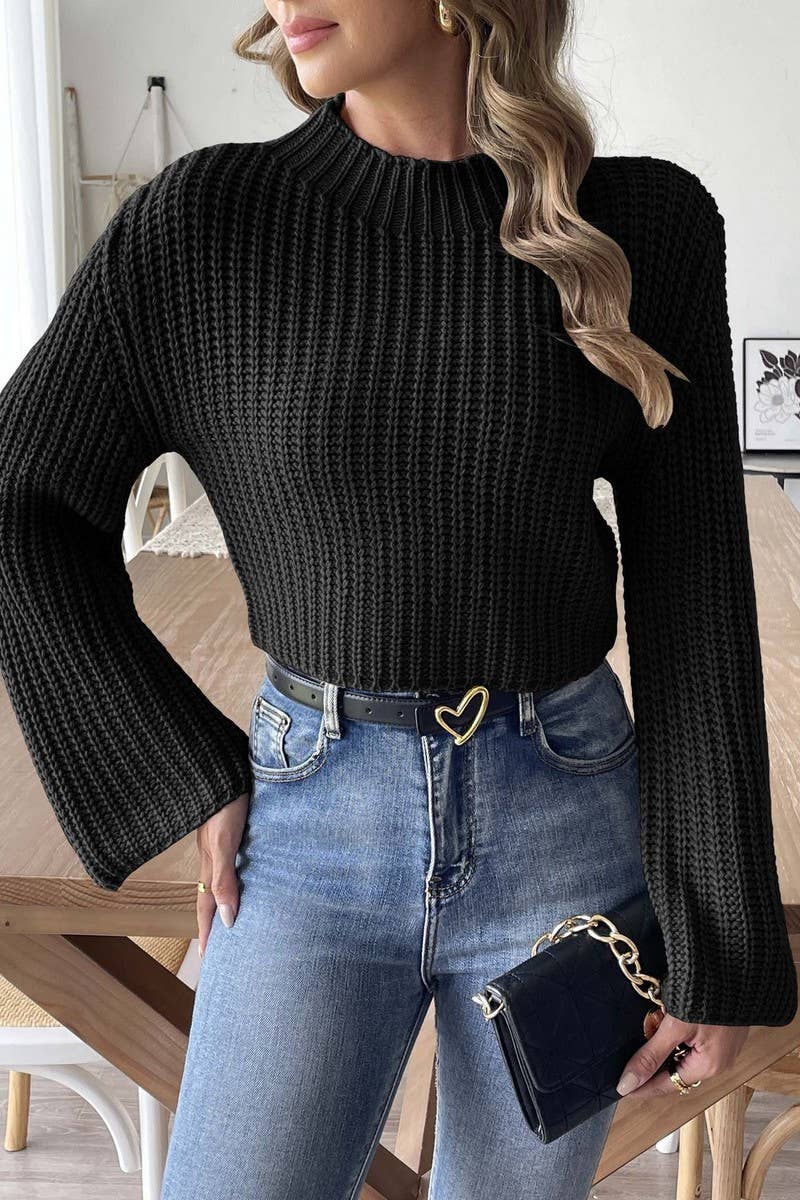 CWOSWL07329_WOMEN CROPPED TURTLENECK BELL SLEEVE SWEATER