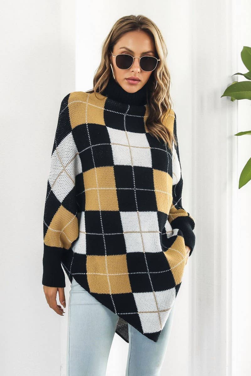 CWOSWL4078_PLAID JACQUARD CAPE MIDI HIGH NECK KNIT TOP