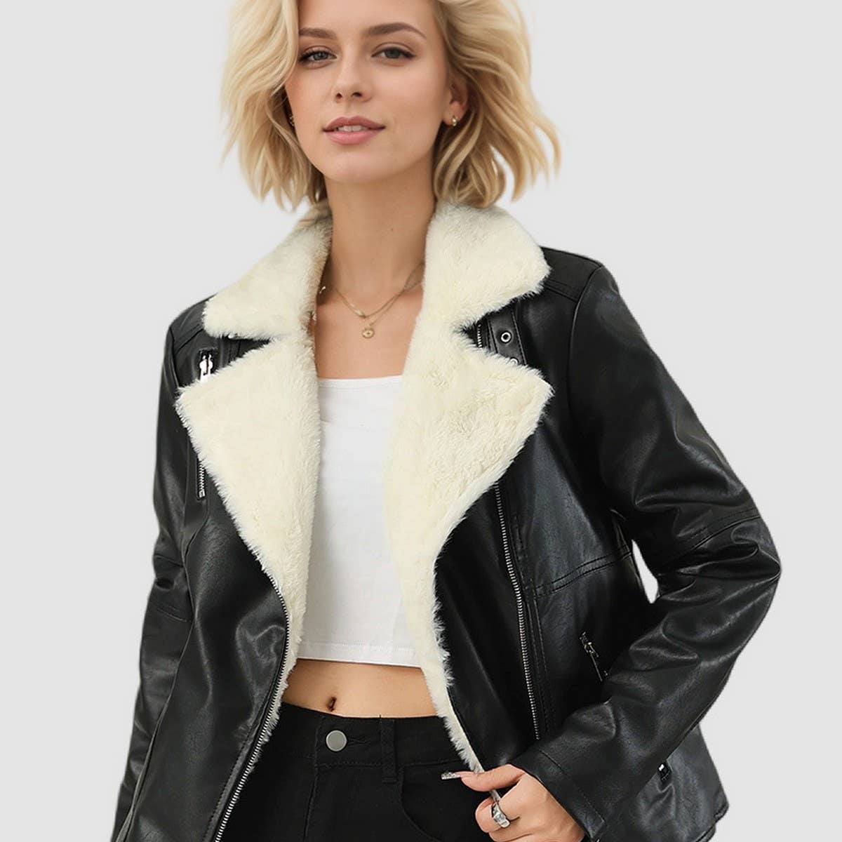 Plus Size Faux Shearling Lined Winter PU Jacket_CWMM9027