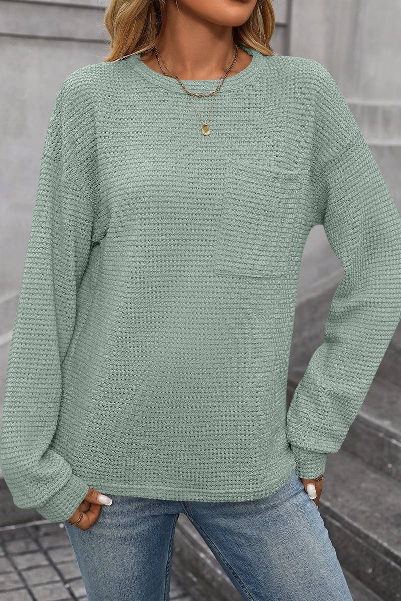 CWTBLL1821_WAFFLE SOLID COLOR ROUND NECK POCKET LOOSE TOP
