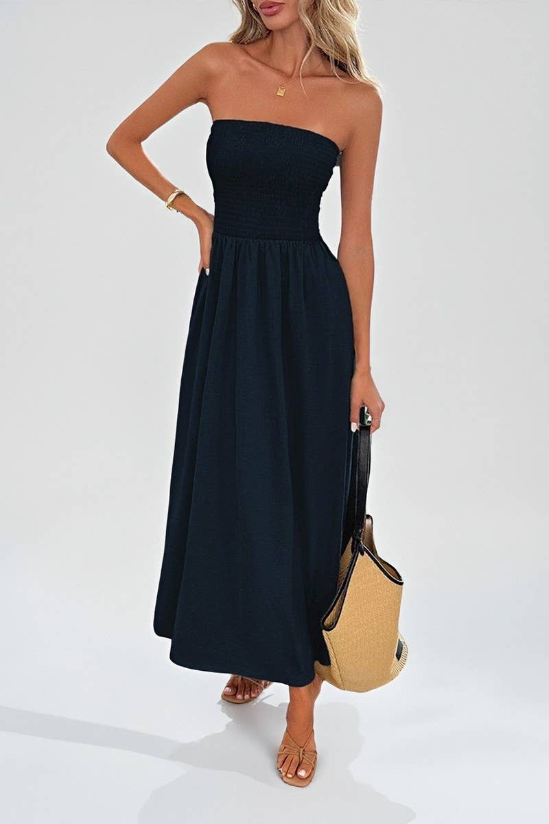 CWDTD00504_SOLID COLOR STRAPLESS WAIST TIE MAXI DRESS