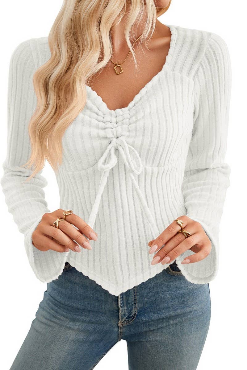 CWTBLL3196_PLEATED LONG-SLEEVED CROPPED TOP T-SHIRT