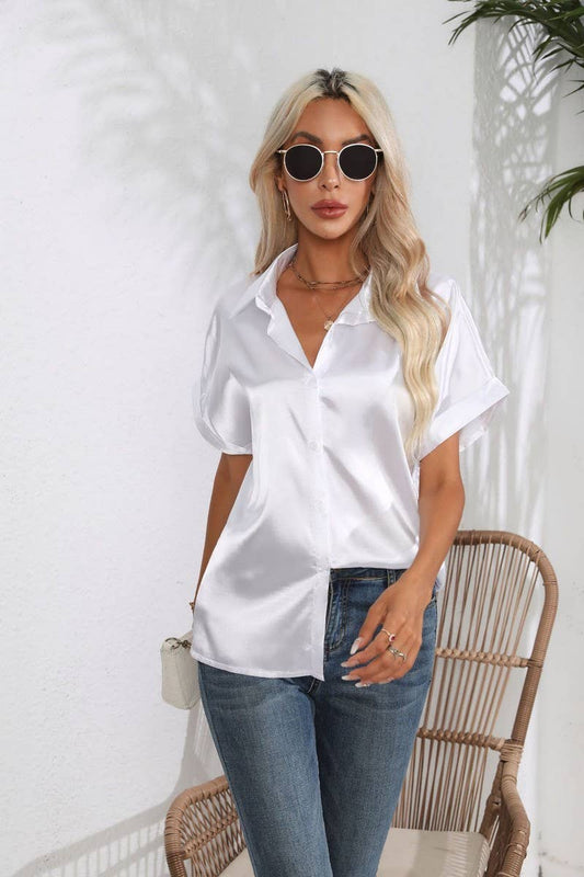CWTBLS0406_Button Down Silky Satin Short Sleeve Top