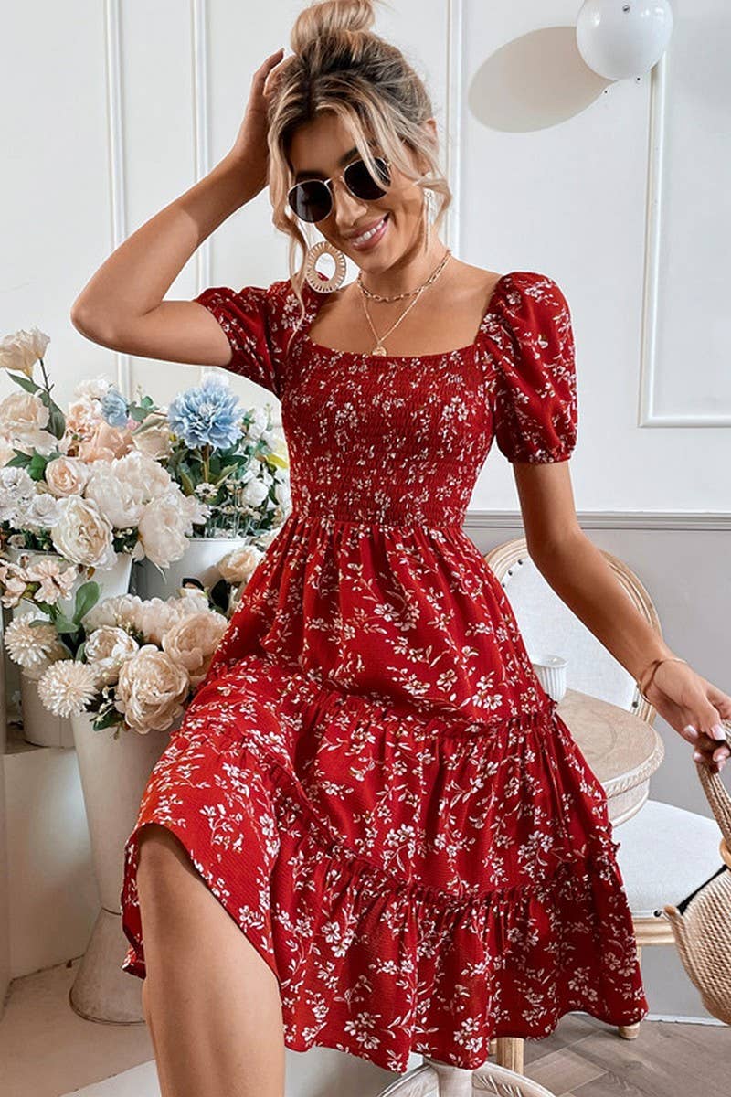 CWDSD8226_TEMPERAMENT PRINTED WAIST SHORT-SLEEVED DRESS