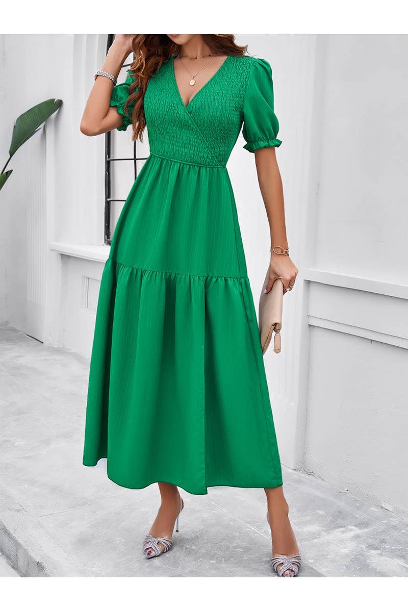 CWDMD2403_V-Neck Smocking Short Sleeve Split Midi Dress