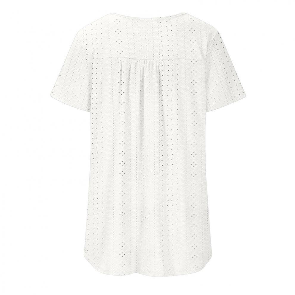 Crew-neck pleated button solid color ripped shirt