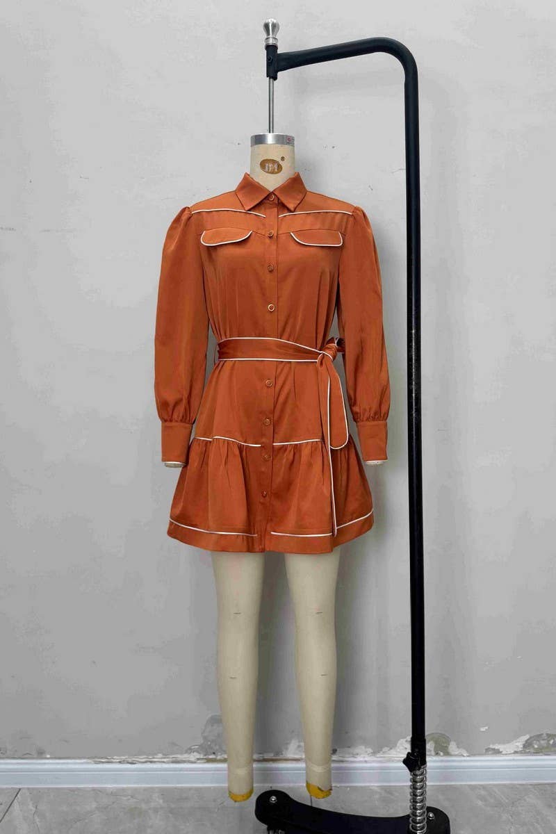 CWTDSL0126_TIE-TIE CARAMEL COLORBLOCK SATIN SHIRT DRESS