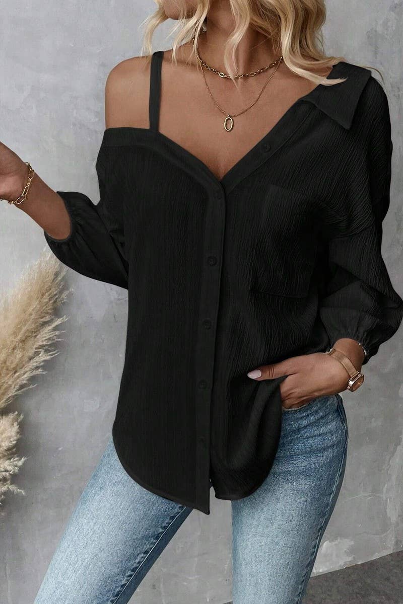 CWTSTL2794_LAPEL OFF-SHOULDER TEXTURED SINGLE-BREASTED SHIRT