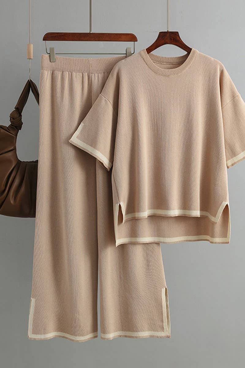 CWSTB00422_COLORBLOCK KNIT TOP & HIGH WAIST WIDE LEG SET