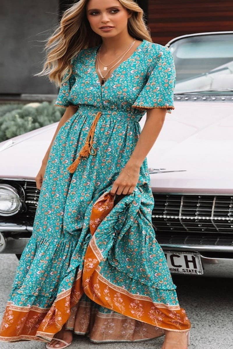 CWDMD01239_V NECK BOHEMIAN PLACEMENT PRINT DRESS