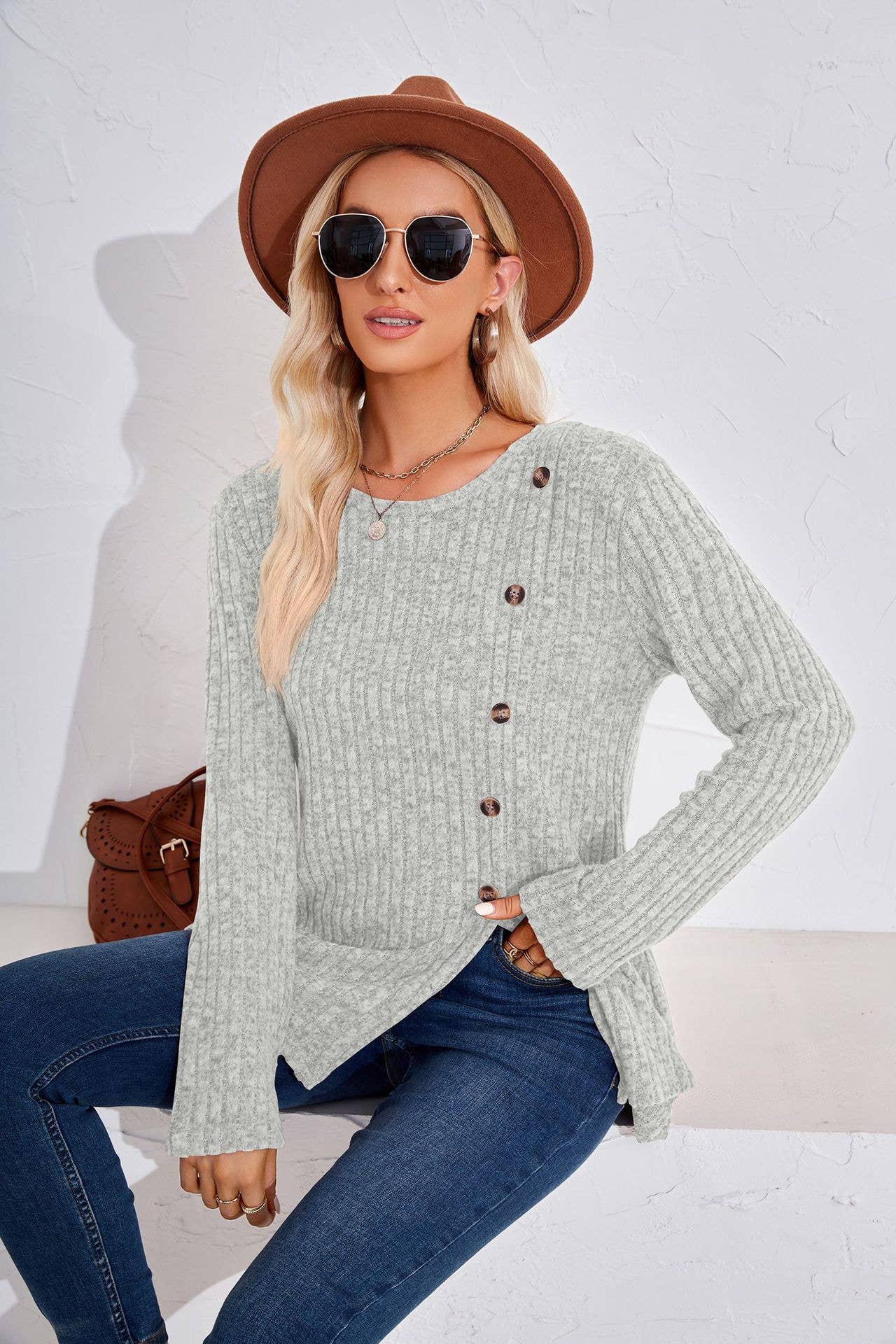 CREW-NECK BUTTON-UP LONG-SLEEVED LOOSE T-SHIRT