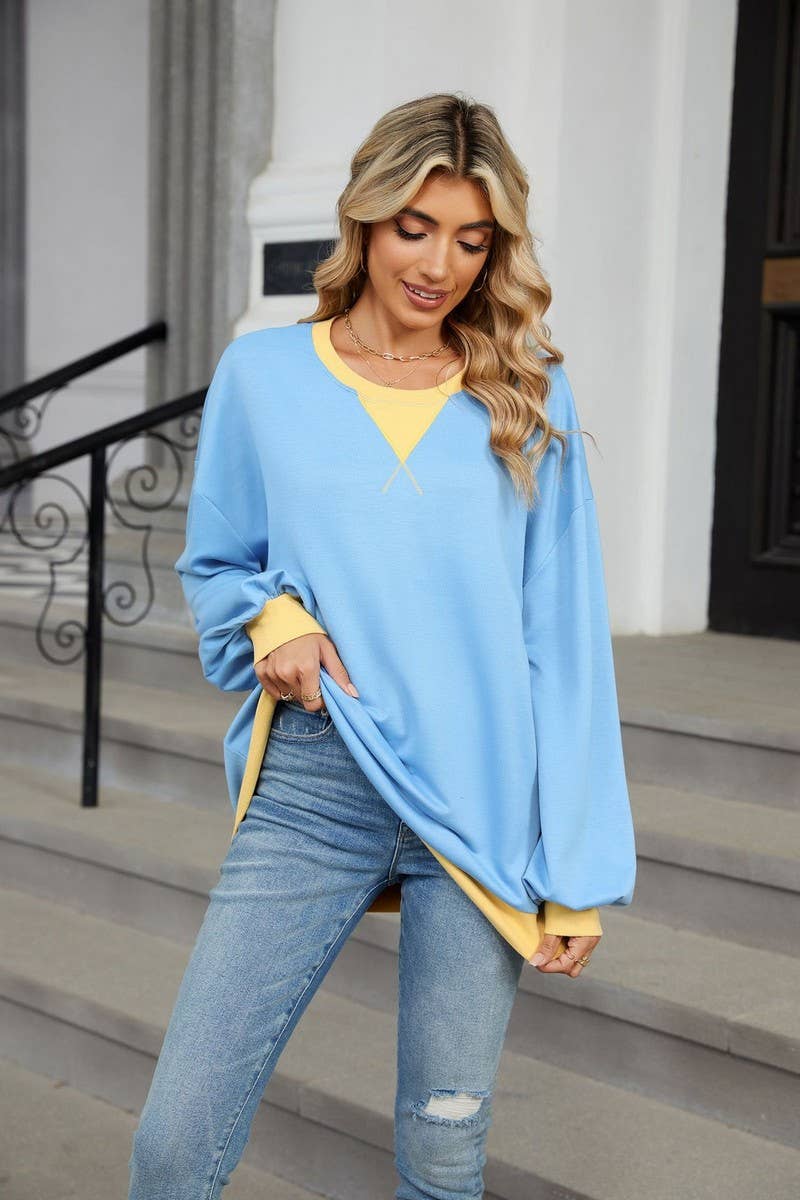 CWTBLL3743_AUTUMN AND WINTER CONTRAST COLOR LOOSE SWEATSHIRT