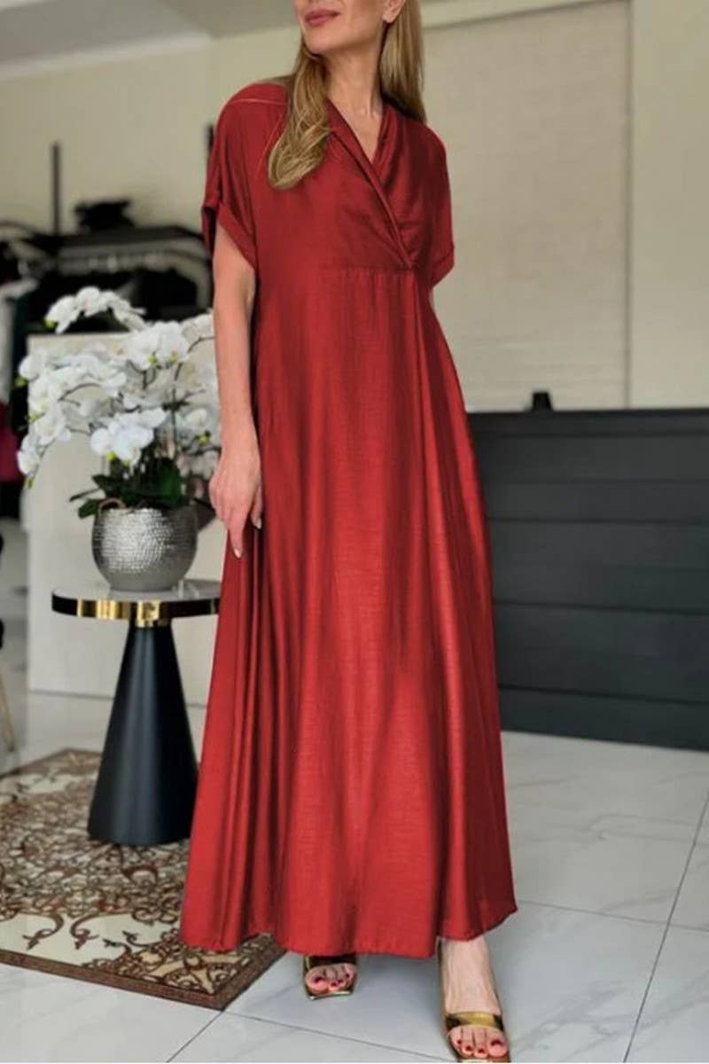 CWDMD4178_V_NECK SOLID COLOR SHORT SLEEVE LONG DRESS