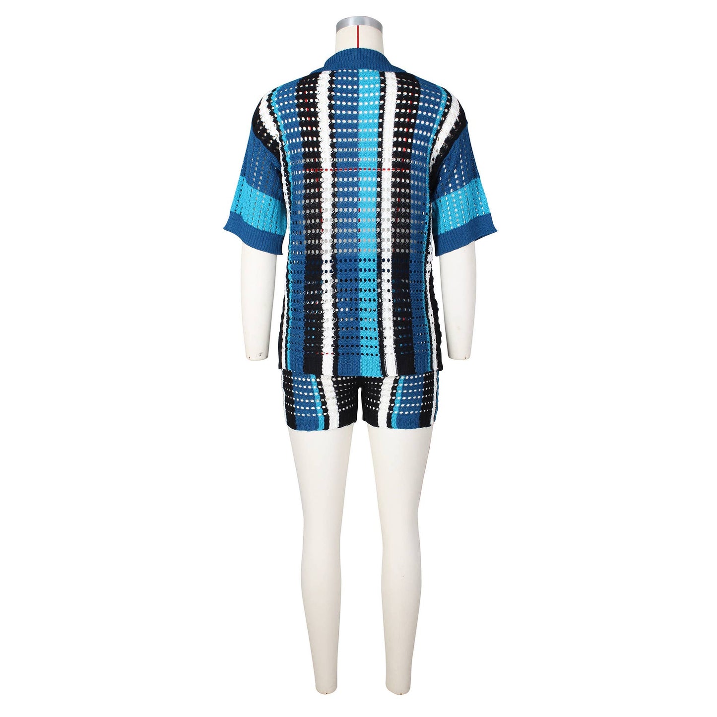 CUT-OUT SEE-THROUGH LAPEL KNIT SHORTS SET