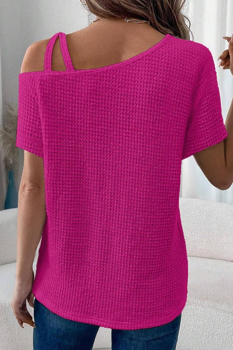 CWTBLS1617_SOLID COLOR OFF-SHOULDER SHORT-SLEEVED KNIT TOP