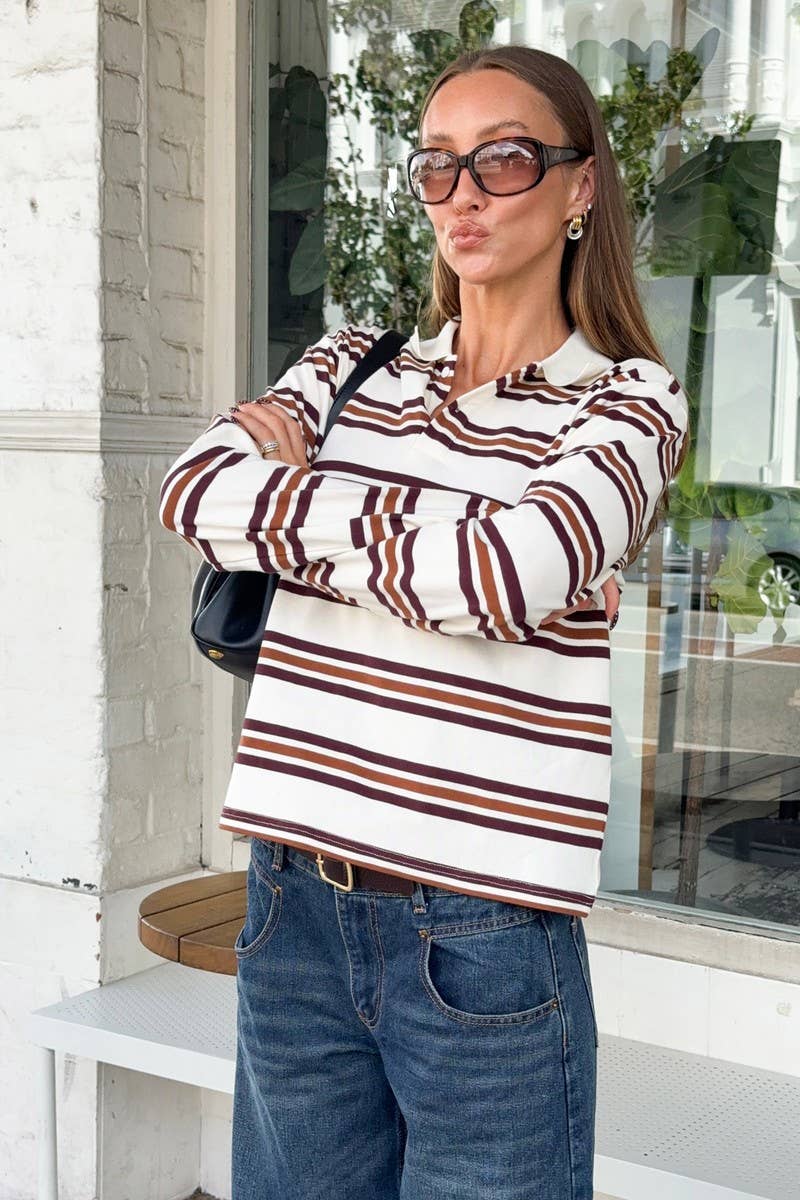 CWTBLL00563_LOOSE STRIPED POLO NECK LONG-SLEEVED TOP