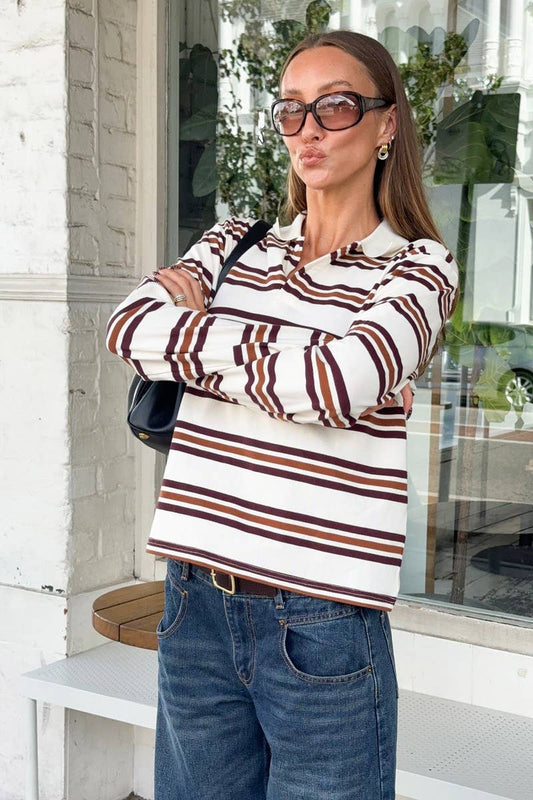 CWTBLL00563_LOOSE STRIPED POLO NECK LONG-SLEEVED TOP