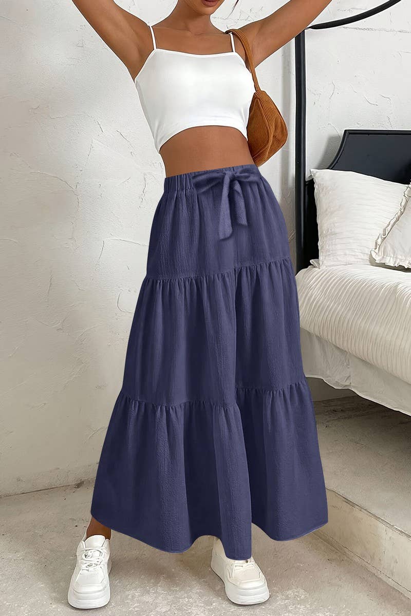 CWBLS0559_BOW WAIST TIERED SOLID MIDI SKIRT
