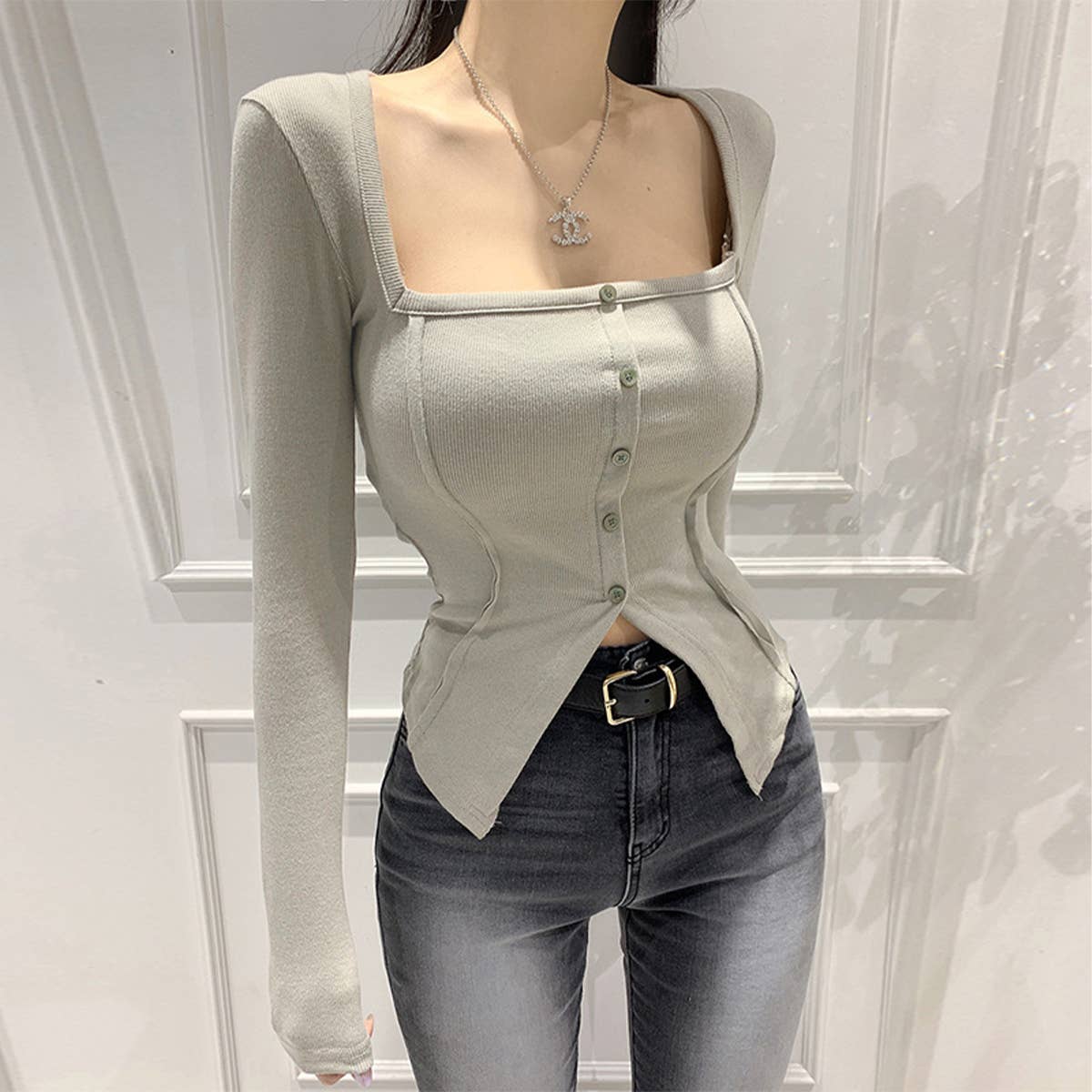 Button-down waist with temperament lapel pointy hem top