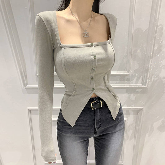 Button-down waist with temperament lapel pointy hem top