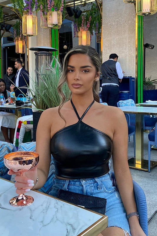 CWTHT0149_TIGHT-FITTING HALTERNECK TUBE TOP PU LEATHER TOP