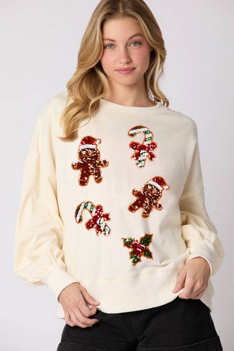 CWTBLL01238_SEQUIN GINGERBREAD MAN CHRISTMAS SWEATSHIRT