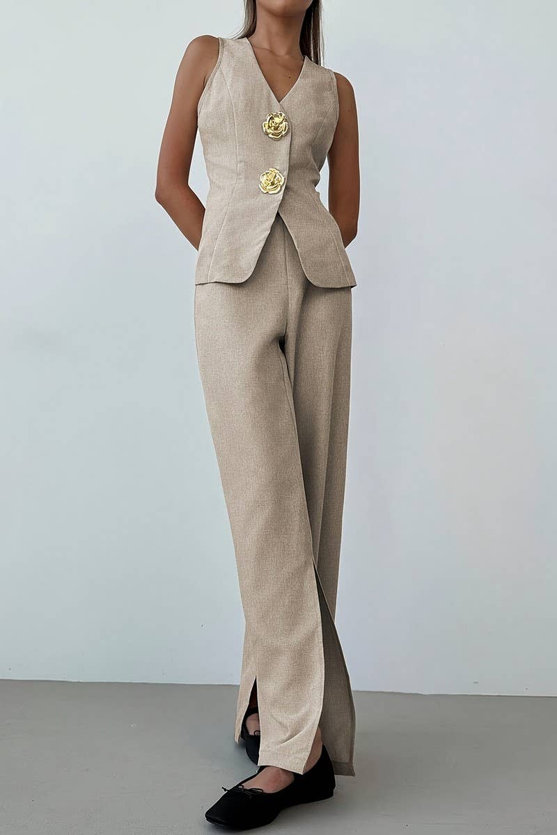 CWSTB2163_LIGHTWEIGHT V-NECK VEST & SLIT WIDE-LEG PANTS SET