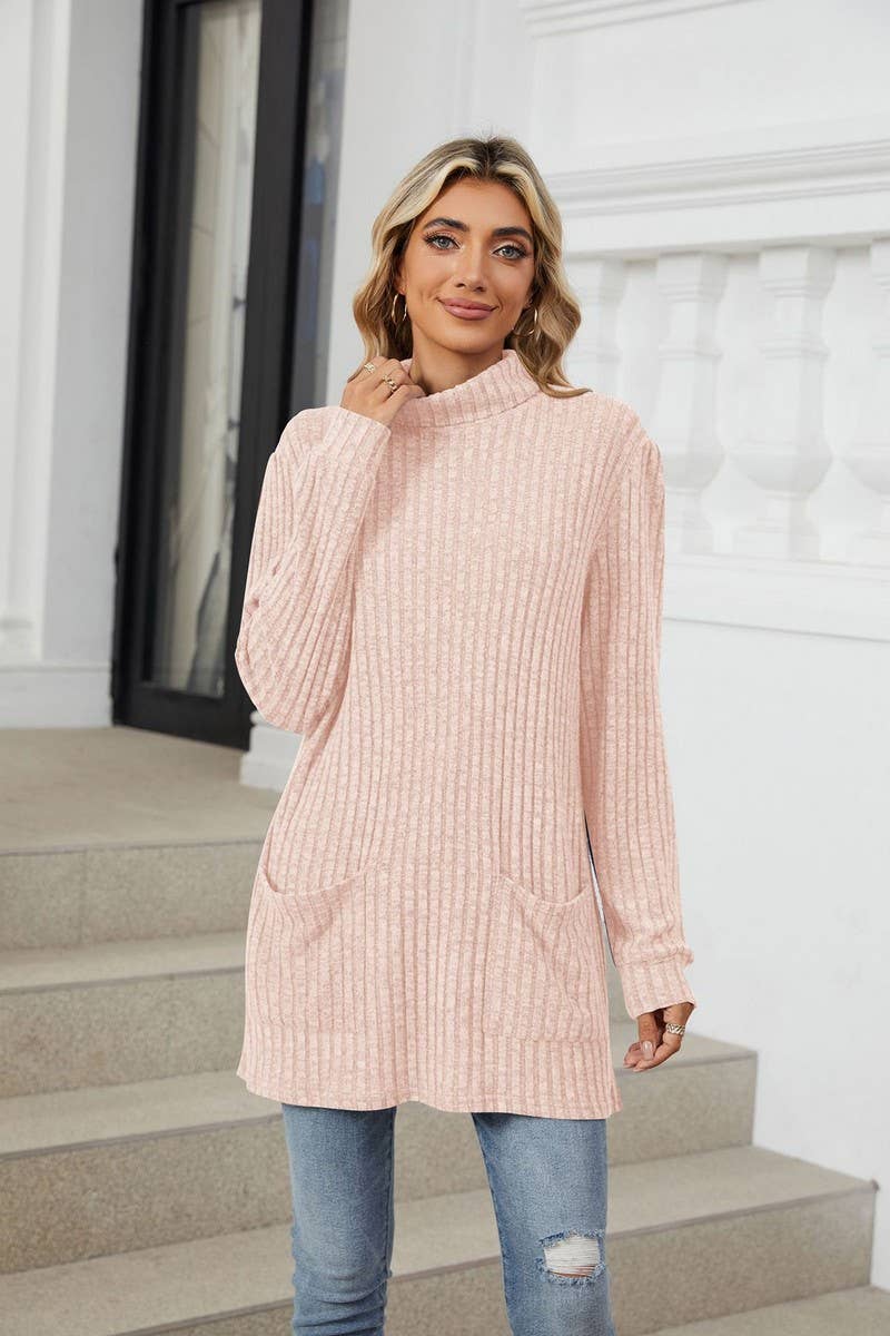 CWTBLL1856_HIGH NECK BRUSHED SOLID LONG SLEEVE POCKET TOP