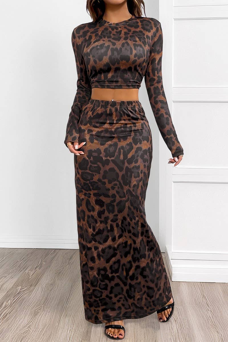 CWSTB2097_LEOPARD PRINT SLIM FIT SPLIT SKIRT SET