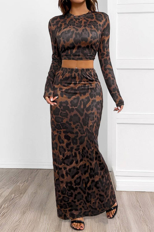 CWSTB2097_LEOPARD PRINT SLIM FIT SPLIT SKIRT SET