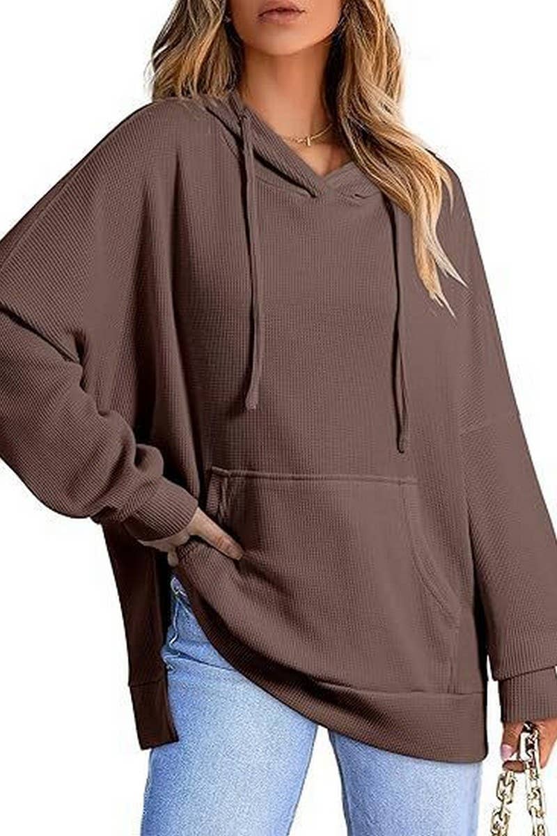 CWOHOL00633_RELAXED WAFFLE KNIT SIDE SLIT HOODED PULLOVER