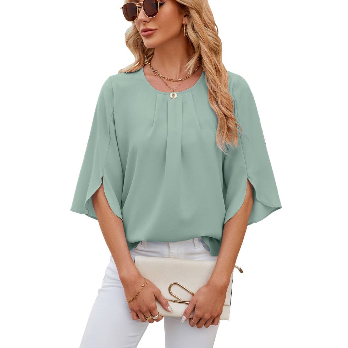 Crew-neck loose chiffon with five-quarter sleeves