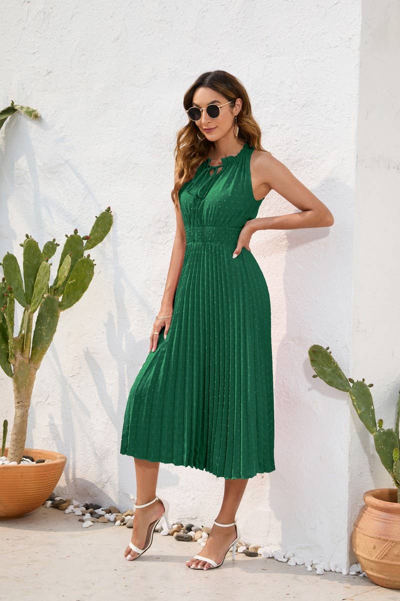 CWDMD2140_LACE UP HIGH WAISTED PLEATED HAIRBALL DRESS