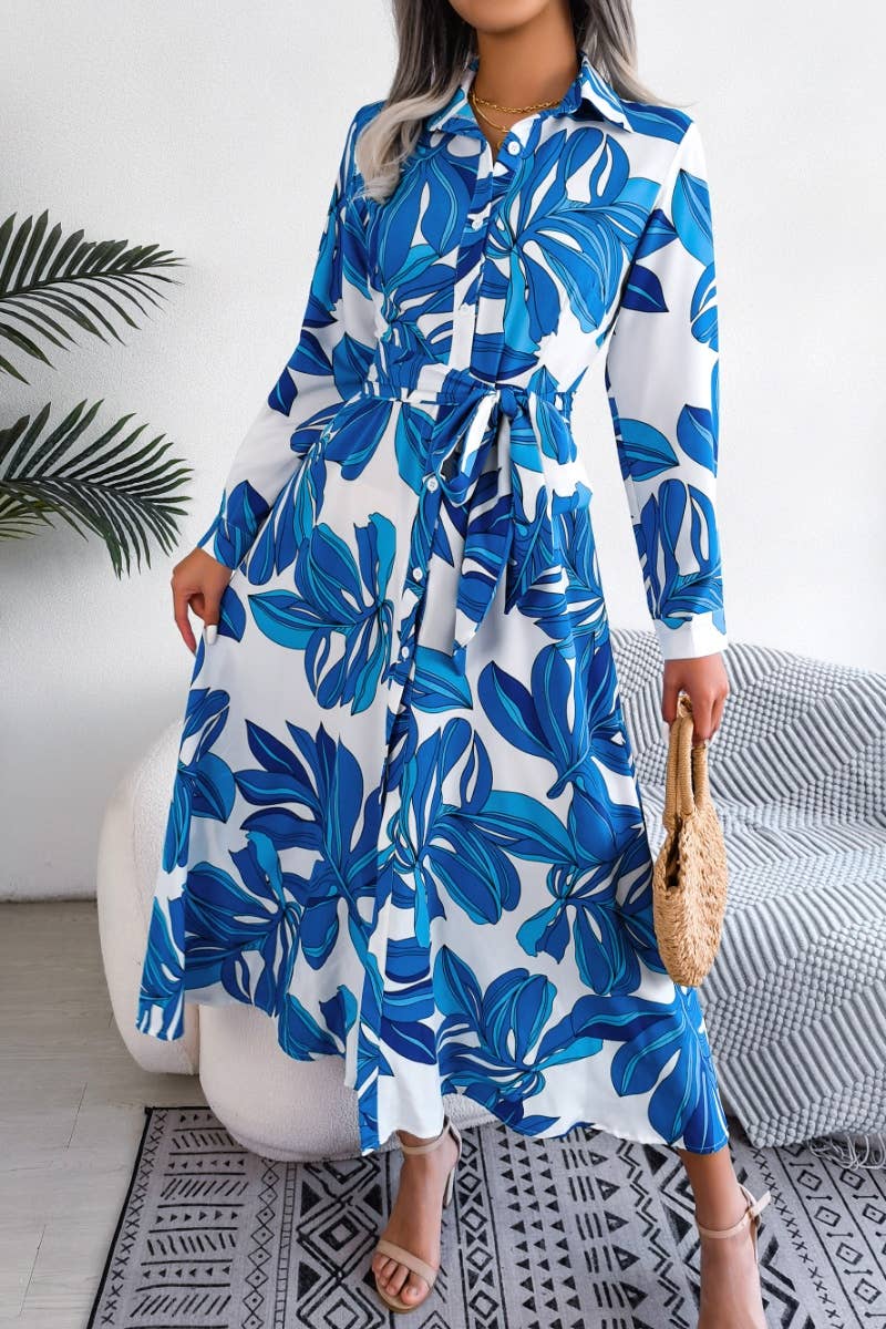 CWDMD2650_COLORFUL FLOWER LAPEL LACE-UP SHIRT LONG DRESS