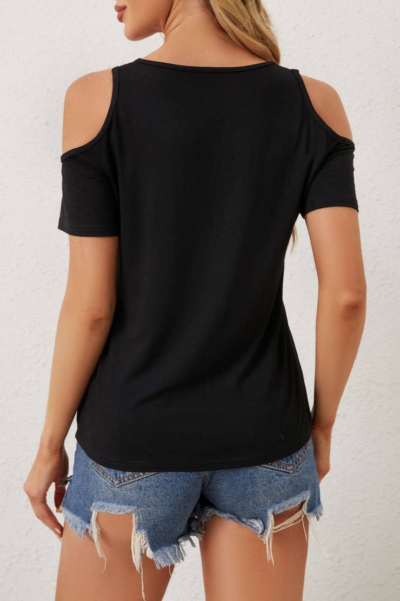 CWTBLL3525_LACE V-NECK OFF-SHOULDER LOOSE SHORT-SLEEVED TOP