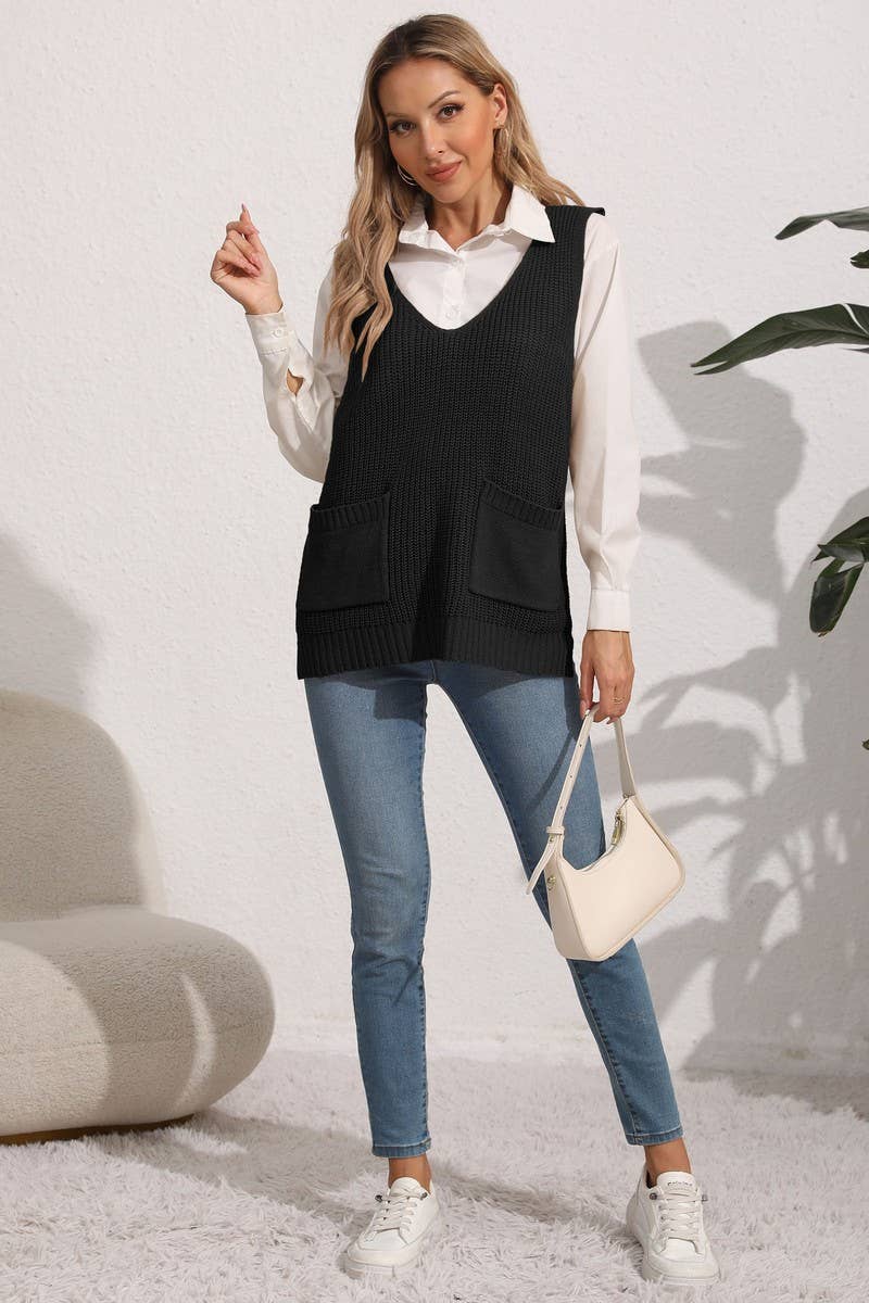 CWOSWL07395_WOMEN¡¯S V NECK KNIT VEST WITH POCKETS