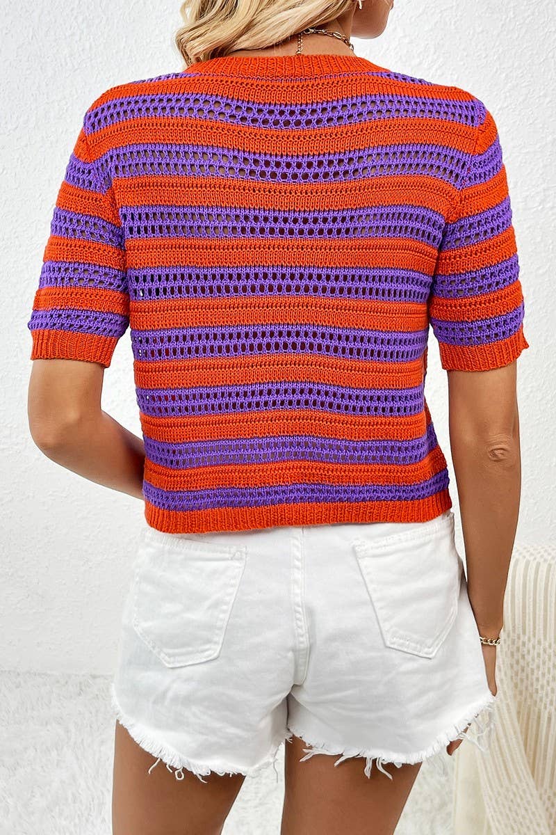 CWOSWS0043_Round Neck Short Sleeve Striped Knit Sweater
