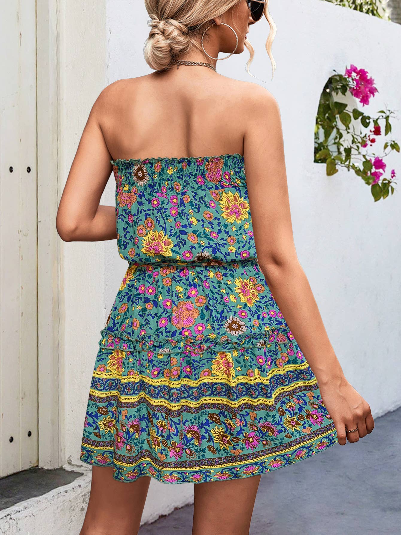 Bohemian print strapless cinched waist dress