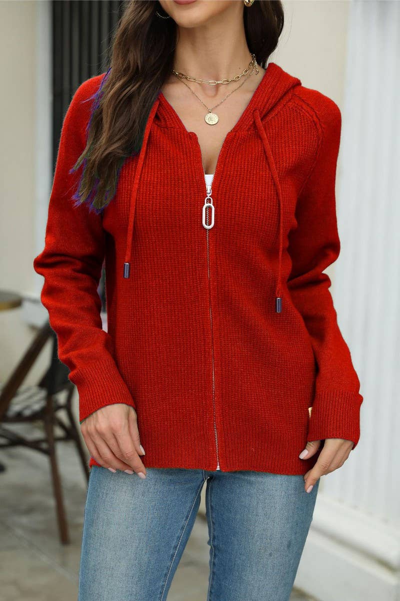 CWOCAL1615_HOODED DRAWSTRING ZIPPER KNIT CARDIGAN