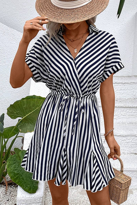 CWDSD8295_RUFFLED SKIRT DRAWSTRING STRIPED DRESS