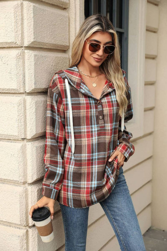 CWTBLL2873_LOOSE-CHECKED HOODED LONG-SLEEVED HOODIE
