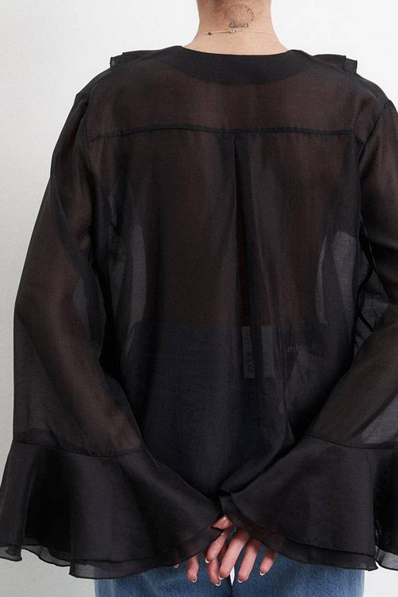 CWTBLL555_SOLID COLOR V-NECK RUFFLED LACE-UP SHIRT