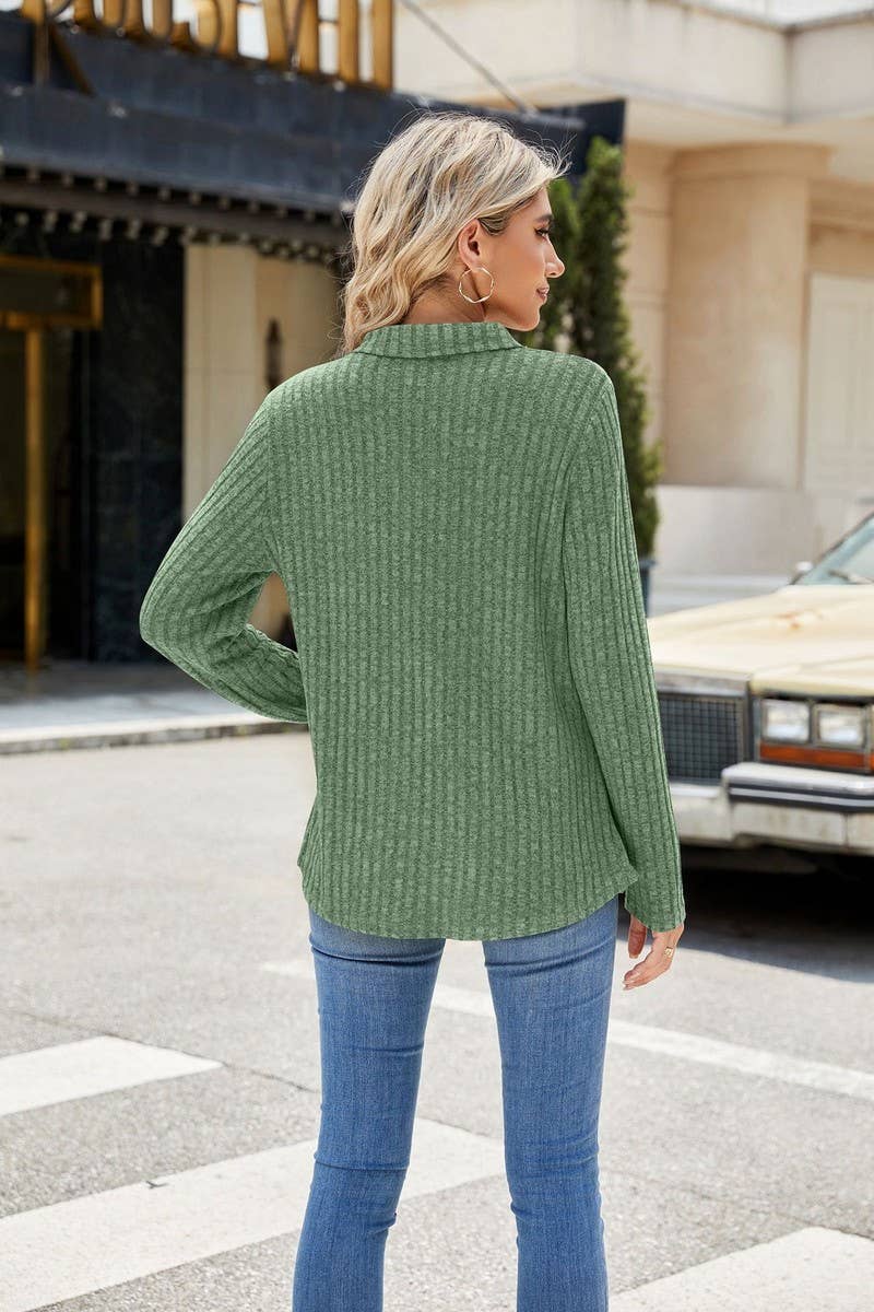 CWTBLL2329_SOLID COLOR LAPEL POCKET LONG SLEEVE LOOSE TOP