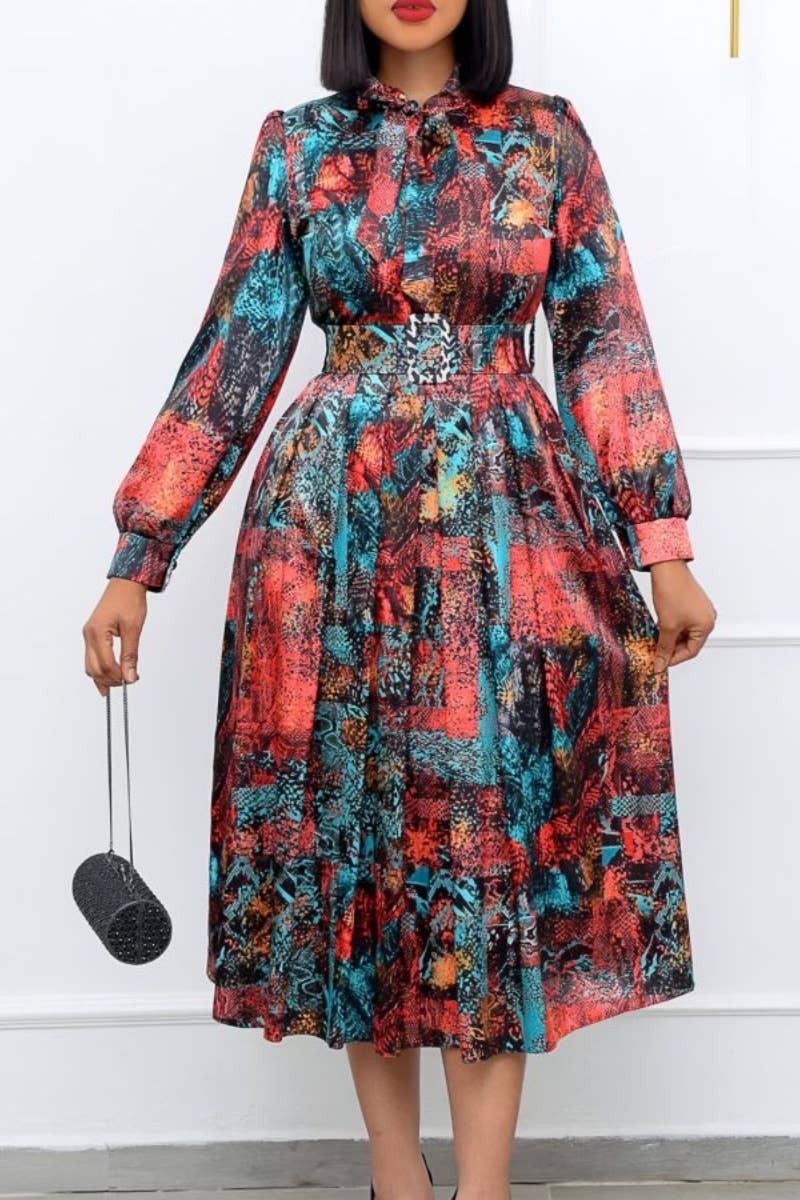 CWDMD3909_AUTUMN PRINT HIGH-WAISTED LONG-SLEEVED DRESS LONG