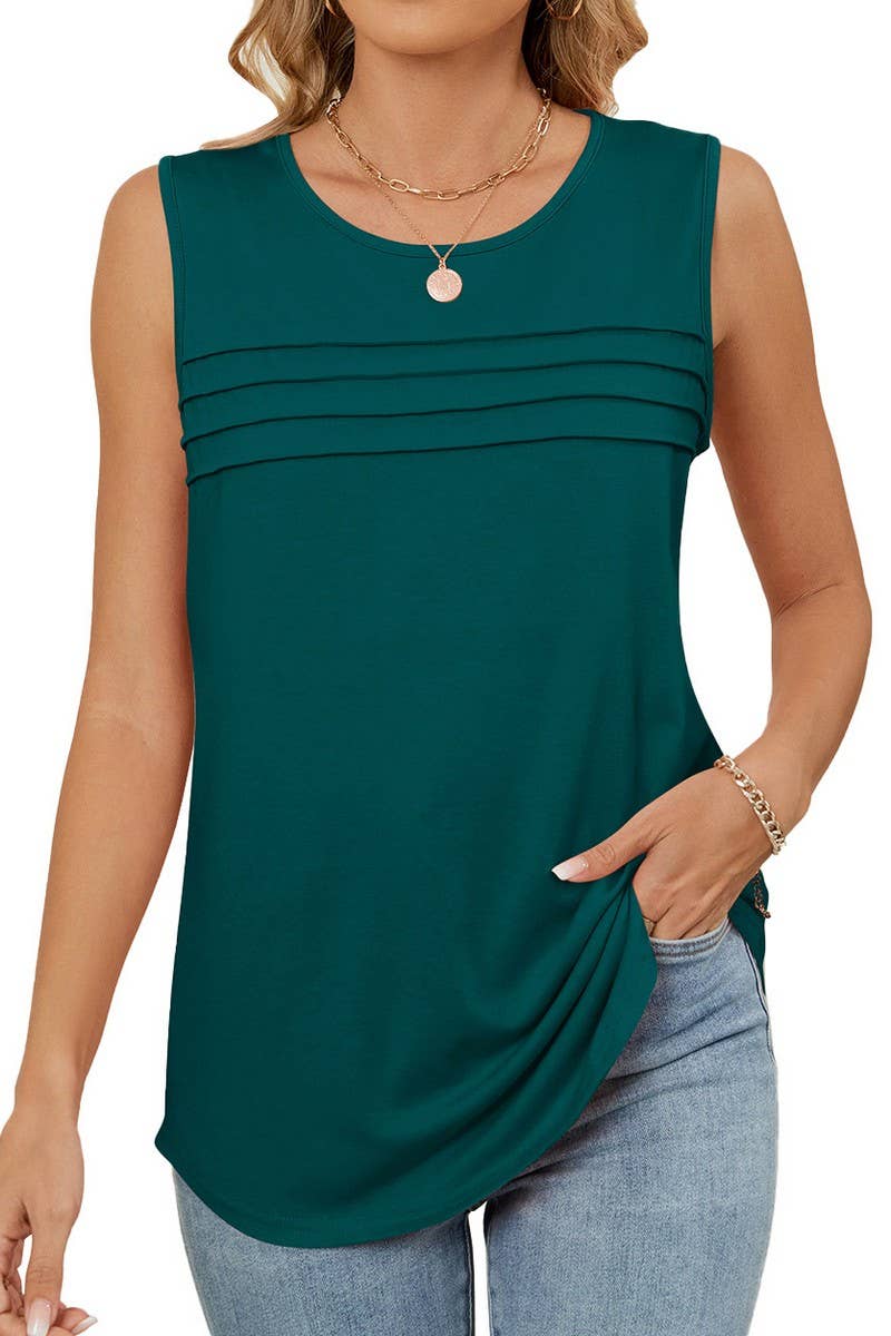 CWTBLSL0971_RUCHED SLEEVELESS CREWNECK SOLID TANK TOP
