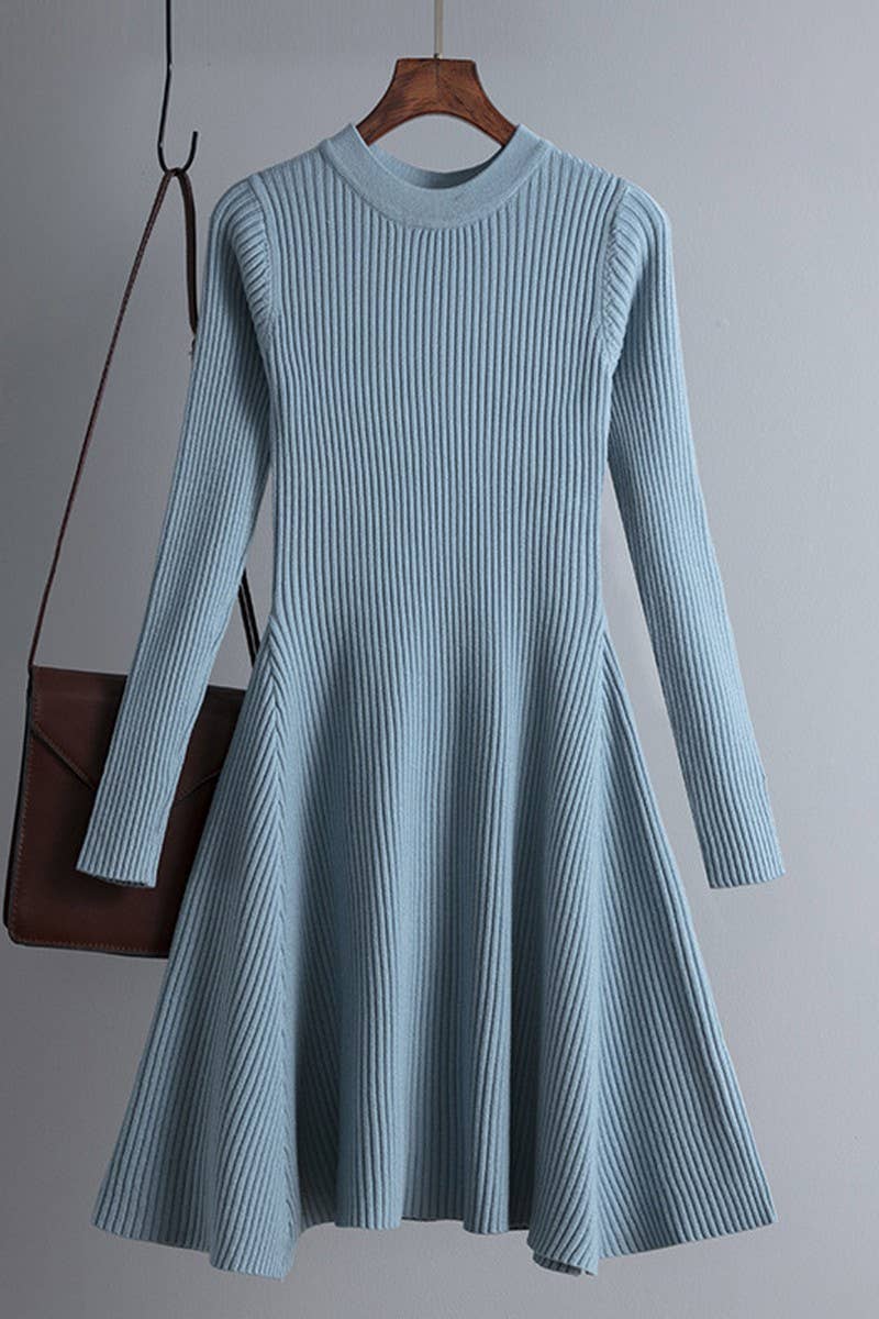 CWDSD10804_SOLID KNIT LONG SLEEVE A-LINE BODYCON DRESS