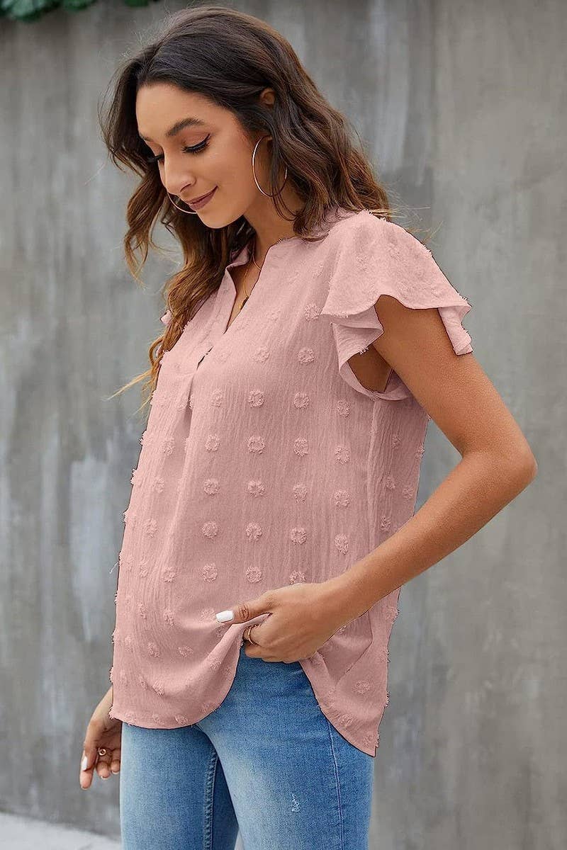 CWTBLS0606_V-NECK RUFFLED SLEEVE CHIFFON SHORT-SLEEVED TOP