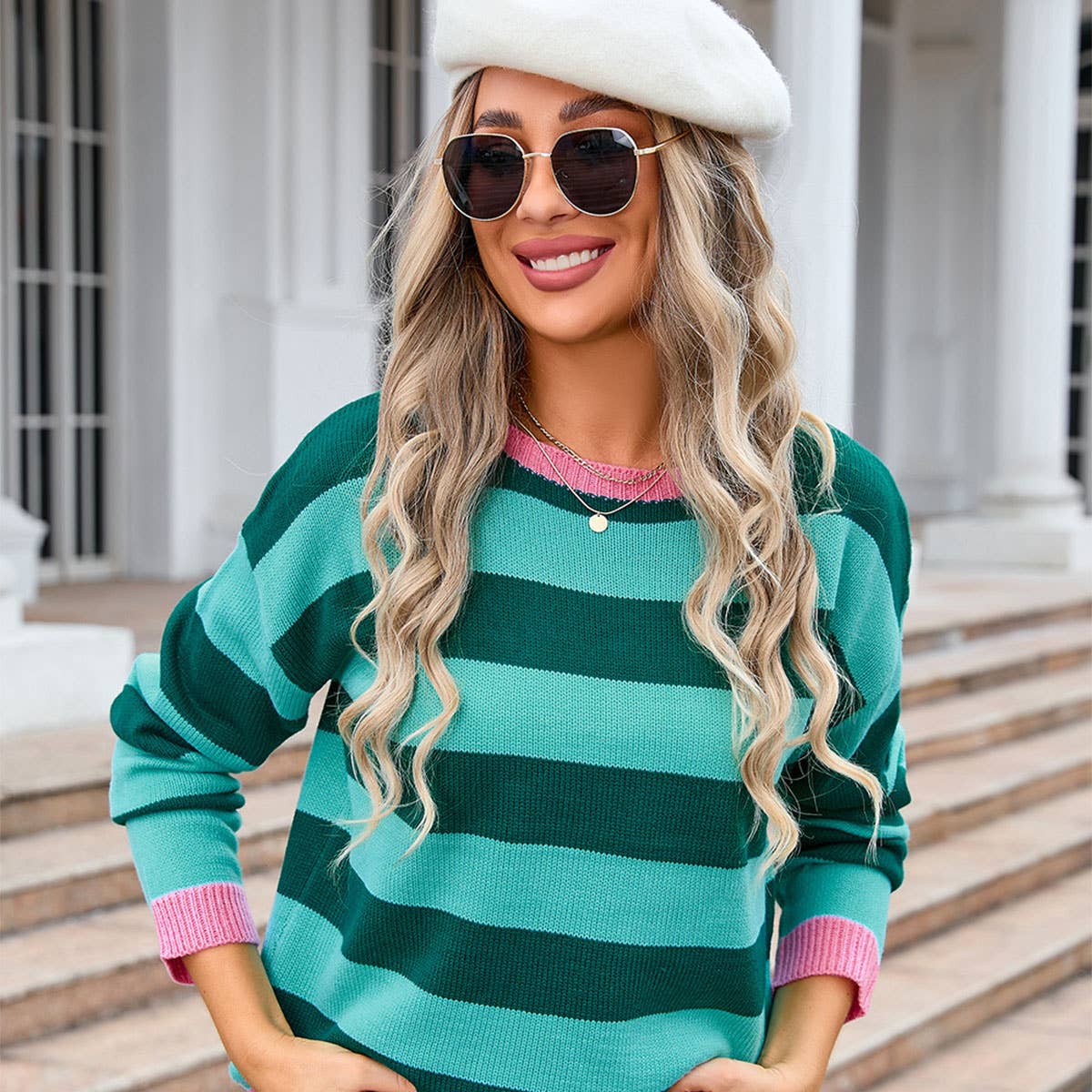 CREW-NECK STRIPED PULLOVER IN CONTRASTING COLORS