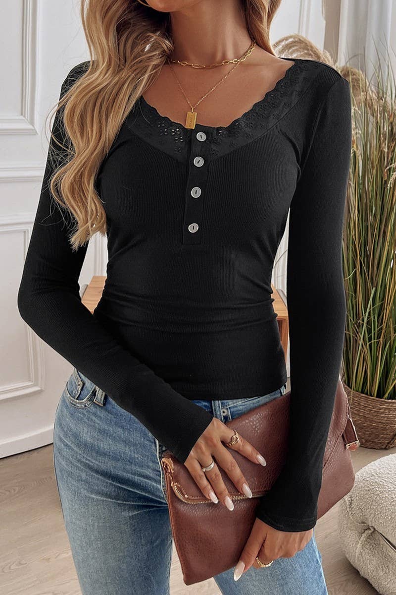 CWTTL2001_TEMPERAMENT RIBBED LACE U-NECK THIN KNITTED TOP